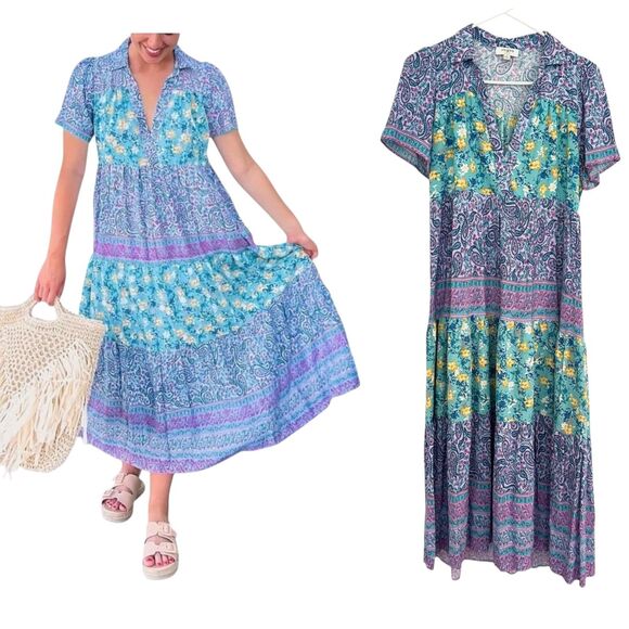 UMGEE Women's SMALL Mint Blue Floral Tiered Dress V-neck Collar Flowy Midi Boho - Picture 1 of 7